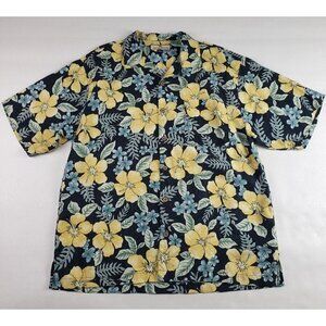 Tommy Bahama Silk Shirt Mens Large Black Yellow Flower Short Sleeve Button Front